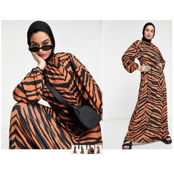 ASOS DESIGN maxi long-sleeved dress in slinky rust zebra print | size 10 - Picture 2 of 7
